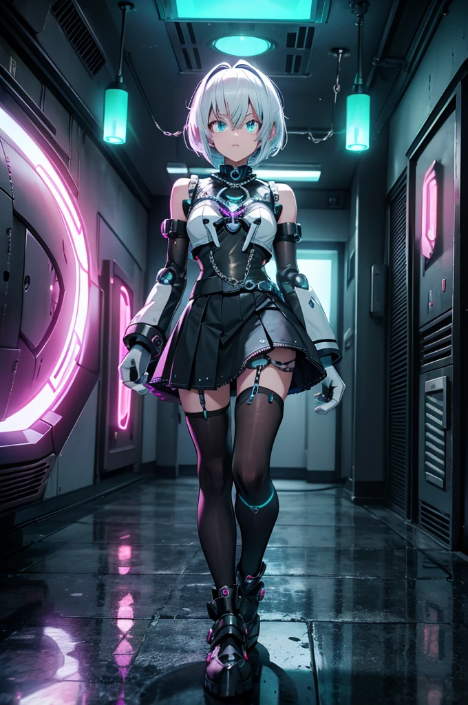 Android Girl,white hair,short and messy hair, purple neon eyes, Holding a chain whip,chains on the hands,chains action, chains around her arm, very cute, skirt, white blouse, cyberpunk style, eletronic gloves, mecanic parts, eletronic details,living room background.HD lighting and dark )(epic image quality) dark atmosphere with bright particle light(many effects in background), dinamic shot, robot, neon tweaks, cyberpunk theme