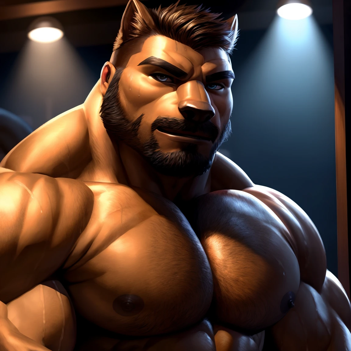 Closeup of naked muscular male bouncer&#39;s ass getting anally fucked in the ass by another male&#39;s cock in a bar at night, WET BODY, with sweat, wearing a cap, well detailed, ultra detailed, NSFW, black fur