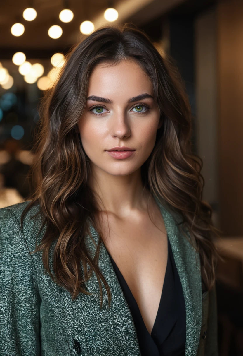 beautiful brunette, long brown hair, wavy hair, wearing a blazer, from front view (standing inside a modern restaurant at night), highy detailed, 20 years old, natural wavy hair, greenish brown eyes, high resolution, work of art, excellent quality, complexdetails, extremely detaild, sharp focus, skin detailed, skin black, realisitic skin texture, texture, detailedeyes, proffesional, 4K, Canon shooting, 85mm, Shallow depth of field, Kodak Color Vision, perfectbody, extremely detaild with beautiful curves, photoshot_\(ultra\), photoshot realisitic, realisitic, Post-processing, Maximum details, roughness, real-life, ultra realisitic, photoshotrealism, photoshotgraphy, 8k hd, photoshotgraphy (film grain) medium shot for shooting dark atmospheric foreground lighting