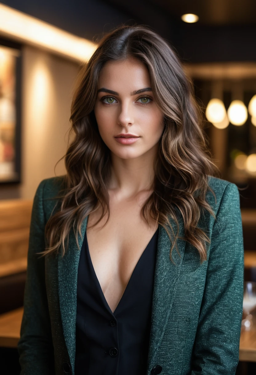 beautiful brunette, long brown hair, wavy hair, wearing a blazer, from front view (standing inside a modern restaurant at night), highy detailed, 20 years old, natural wavy hair, greenish brown eyes, high resolution, work of art, excellent quality, complexdetails, extremely detaild, sharp focus, skin detailed, skin black, realisitic skin texture, texture, detailedeyes, proffesional, 4K, Canon shooting, 85mm, Shallow depth of field, Kodak Color Vision, perfectbody, extremely detaild with beautiful curves, photoshot_\(ultra\), photoshot realisitic, realisitic, Post-processing, Maximum details, roughness, real-life, ultra realisitic, photoshotrealism, photoshotgraphy, 8k hd, photoshotgraphy (film grain) medium shot for shooting dark atmospheric foreground lighting