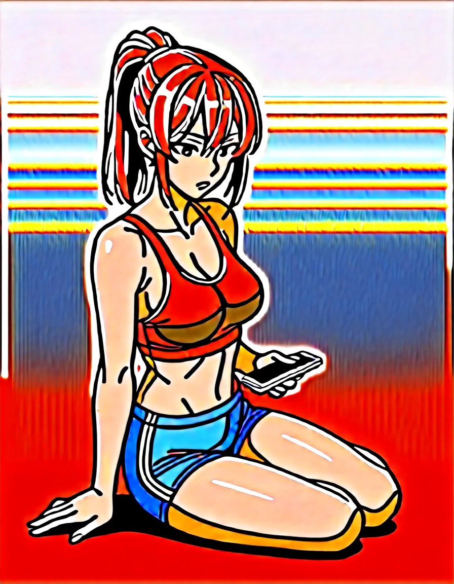 human, ((1girls)), 18 years old, beautiful, ponytail, brown hair, black eyes, black Yoga very short outfit, Z cup breasts, ((brown skin)), fair body, 1m78, deserted, ((Takeda Hiromitsu style)), holding the phone, Sitting, room gym,