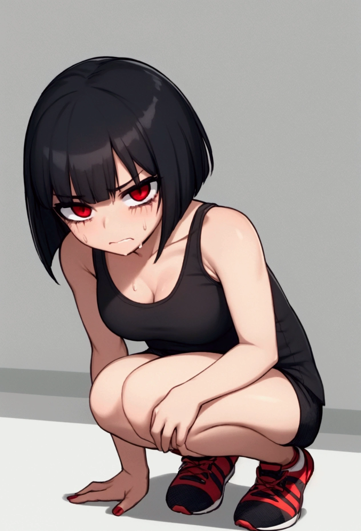 Girl, black hair, bob, red eyes, marathon runner, rolling her eyes, squatting down, looking in pain, sweating, black tank top and shorts with red lines, marathon shoes