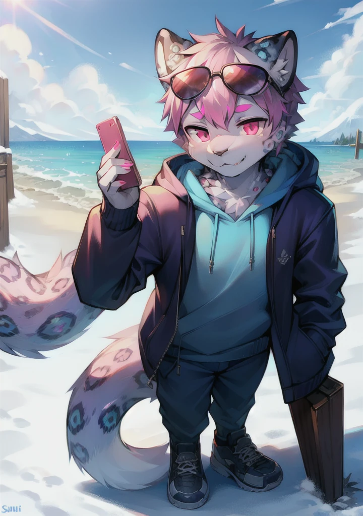 Snow leopard, anthro, male, blue hoodie, sunglasses, pink eyes, sunny day, full body