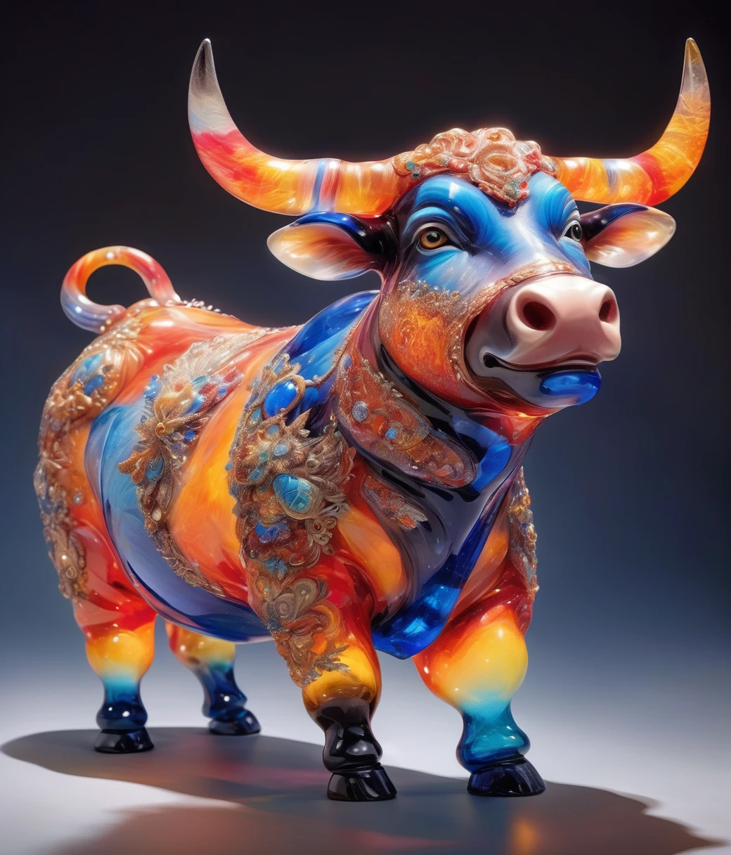 A detailed and vibrant glasssculpture, chubby male anthro bull cub in a fantastical landscape with vibrant colors and intricate details, rendered in an art style that mixes realism with elements of surrealism, done by artists such as Ruan Jia and Yoshitaka Amano.