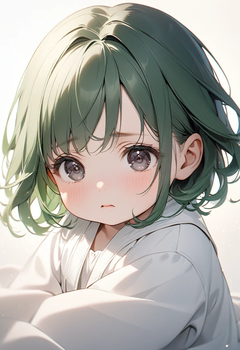 8k, baby with long dark green hair, parted bangs, dark shaped eyes, soft expression, white clothes, Soft light background