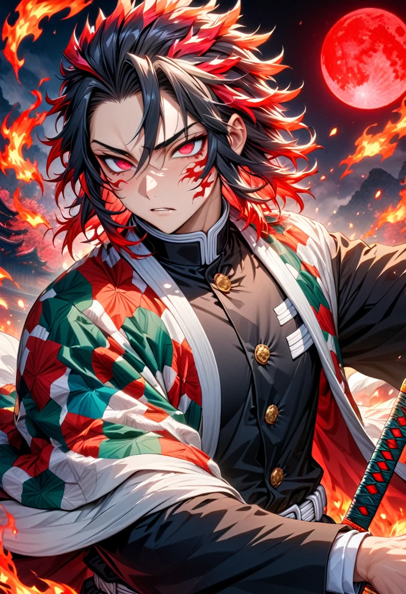 Ultra detailed, highres, absurdres, HDR, master piece, male demon slayer, black medium length hair, expressive red eyes, white cloak with patterns of flames, black demon slayer uniform, Kimetsu No Yaiba, handsome, sexy man, solo, best quality, black and red katana with flame patterns, extremely detailed face and eyes, fire coming from katana, red moon