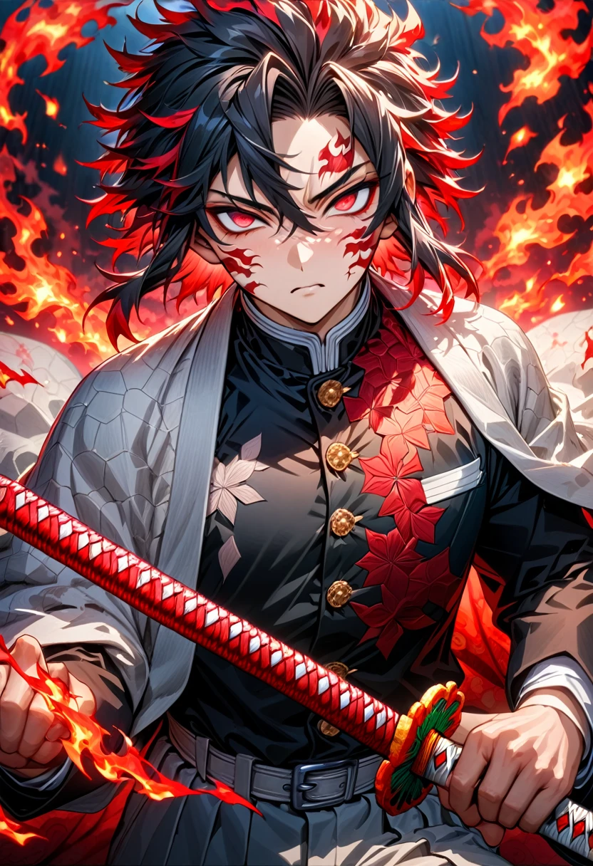 Ultra detailed, highres, absurdres, HDR, master piece, male demon slayer, black medium length hair, expressive red eyes, white cloak with patterns of flames, black demon slayer uniform, Kimetsu No Yaiba, handsome, sexy man, solo, best quality, black and red katana with flame patterns, extremely detailed face and eyes, fire coming from katana, red moon