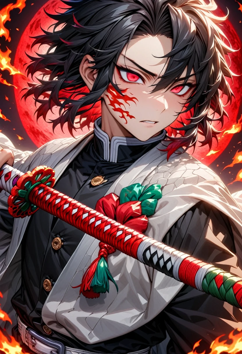 Ultra detailed, highres, absurdres, HDR, master piece, male demon slayer, black medium length hair, expressive red eyes, white cloak with patterns of flames, black demon slayer uniform, Kimetsu No Yaiba, handsome, sexy man, solo, best quality, black and red katana with flame patterns, extremely detailed face and eyes, fire coming from katana, red moon
