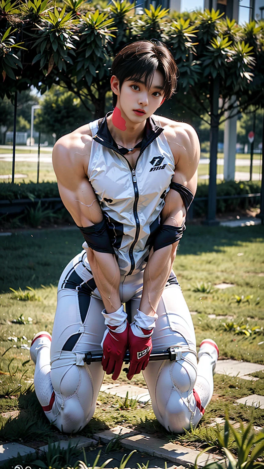 masterpiece,best quality, (An 18-year-old boy with extraordinary development), (Tall and fit body),(Kneeling upright on the campus grass),Look up at the characters,(Front view),Stay away from the camera,White tight cycling suit,Broad and straight shoulders,Muscular shoulders,(Extremely strong body),Muscular body,Fitness,Perfect body proportions,Inverted triangle figure,Biceps,Highlight muscle texture, Muscular body,Slender and toned legs,Small head,Handsome and cute little face,Perfectly detailed facial features,Looking at the camera,A serious and angry expression,leaning back,head tilt, happy, very short hair, brown hair,(looking at viewer:1.2),full body,Vision