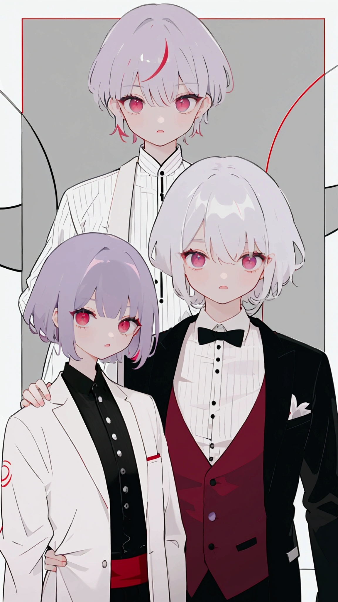 cool成人男性二人。派手なSilver Hair、watercolor、The guy on the right has red eyes、The guy on the left has purple eyes、Silver Hair、There are meshes of various colors in the hair.、holding a wine glass、Wearing a host's suit。cool。delicate。short hair、The nape is long。The color of the nape is red、More clearly。Her hair is short