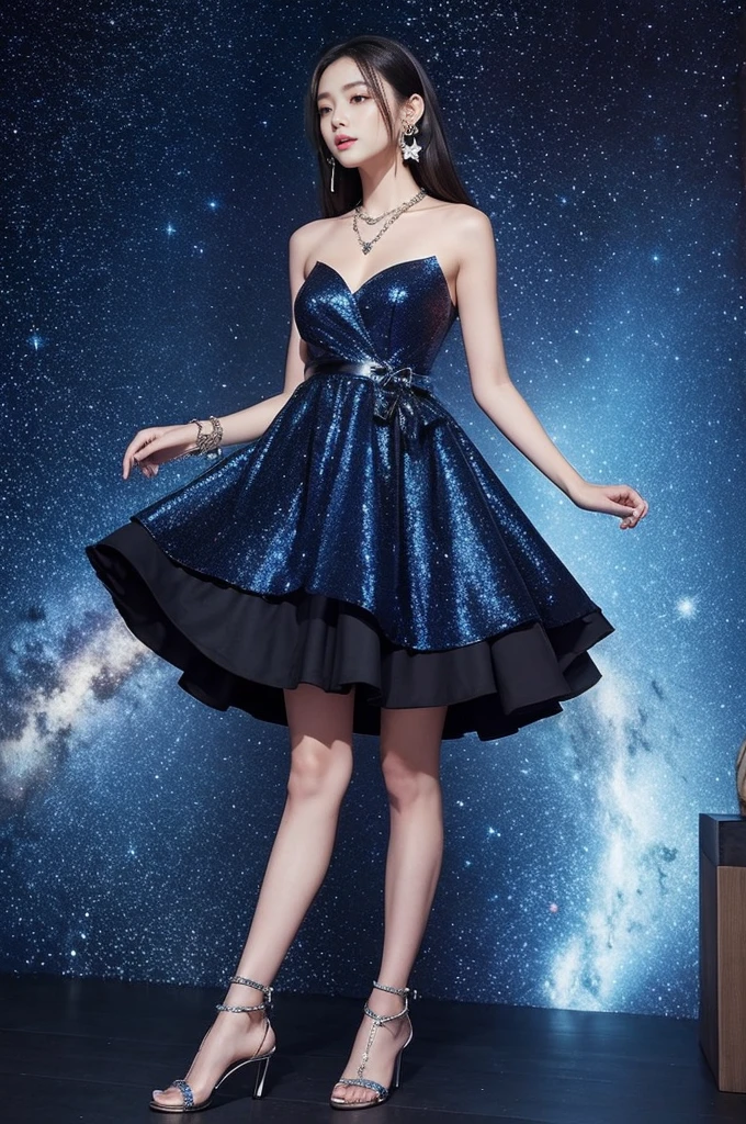 Dreamy starry dress:
design:A dark blue dress,The skirt is decorated with sequins,Imitating the stars in the night sky。
Material:选用轻薄的雪纺Material,Increase the sense of elegance。
detail:裙摆采用多层次design,Walking like a dream。
Accessories:Pair it with a pair of silver heels,Wear a thin chain star bracelet on your wrist,Choose small star-shaped earrings,Add mystery。