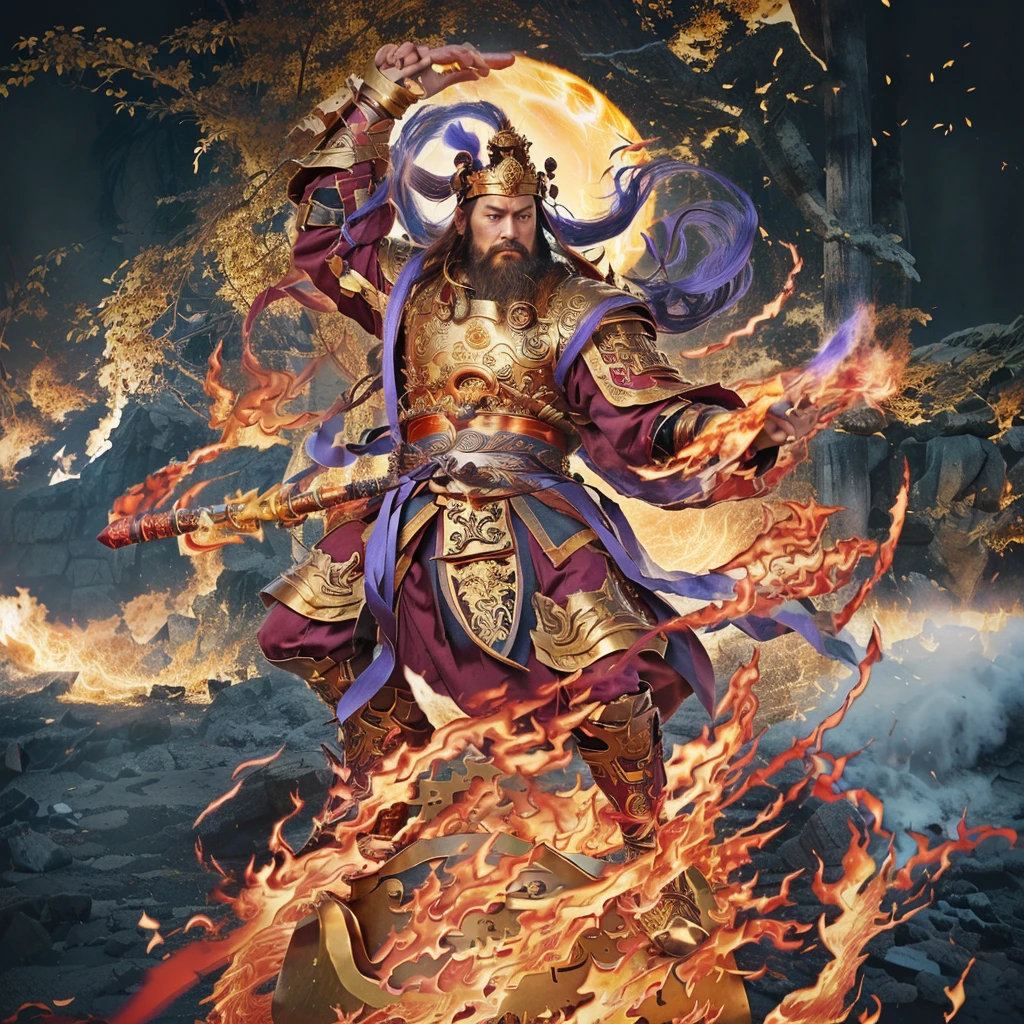 a fierce warrior, holding a golden bamboo sword, fire, asura from chinese myth, maroon beard and hair, purple deity ribbon, standing on huge golden iron wheel, 3 eyes, ancient chinese armour, taoist priest, taoist master, small crown, realistic fire