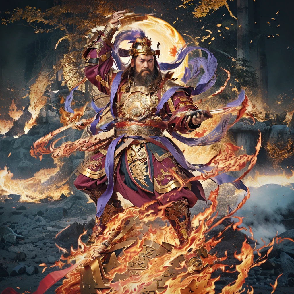 a fierce warrior, holding a golden bamboo sword, fire, asura from chinese myth, maroon beard and hair, purple deity ribbon, standing on huge golden iron wheel, 3 eyes, ancient chinese armour, taoist priest, taoist master, small crown,   realistic fire