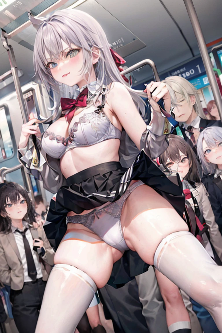 masterpiece, best quality,alisa kujou, skirt, bag, jacket, socks, looking at viewer,plaid, blazer, brown hair, plaid skirt,(white socks:1.8),(thigh-high socks:1.8),long sleeves, bangs, open clothes, open jacket, bow, brown eyes, pleated skirt, bowtie, day, long hair, bush, red bow, kneehighs, shirt, sleeves past wrists, backpack,red bowtie,(beige jacket:1.8), school bag,(black skirt:1.8), blurry, collared shirt, miniskirt, white shirt, cardigan, grass, sweater,(light smile:1.2),(soft-edged:1.8),(watercolor painting:1.5),(Illustration:0.8), (beautiful detailed eyes:1.6),(Fully exposed panties:1.8),(1 girl standing:1.5),nsrf,grabbing another's ass,short stature,(orgasm:0.8), BREAK lotr of people,(crowded train:1.8),(rush hour train:1.8),(man with office suit:1.7),BREAK (turn up the skirt:1.7),(shirt lift:1.7),(bra lift:1.8), (nipples:1.2), (chikan:1.9),(vaginal sex:1.5), (frying hands:1.1), (fresher:1.5),( years ol.6),(curvy:1.5),(zettai ryouiki:1.8),(cute panties:1.8),(white panties:1.8),(pink panties:1.5),(white bra:1.8), (turn up the brassiere:1.7), (misaligned brassiere:1.5),breast slip,breasts out, BREAK breasta_on_glass,povbrestgrab,(panties shot:1.5),(up skirt:1.5), grabbing another's breast,close contact with men,cohesive,(train:1.7),(nose blush),(open clothes:1.3),(disordered shirt:1.1),(undressing:1.5), BREAK (from below:1.8),(cowboy shot:1.9),(dynamic angle:1.8),looking down,(spread legs:1.5),BREAK