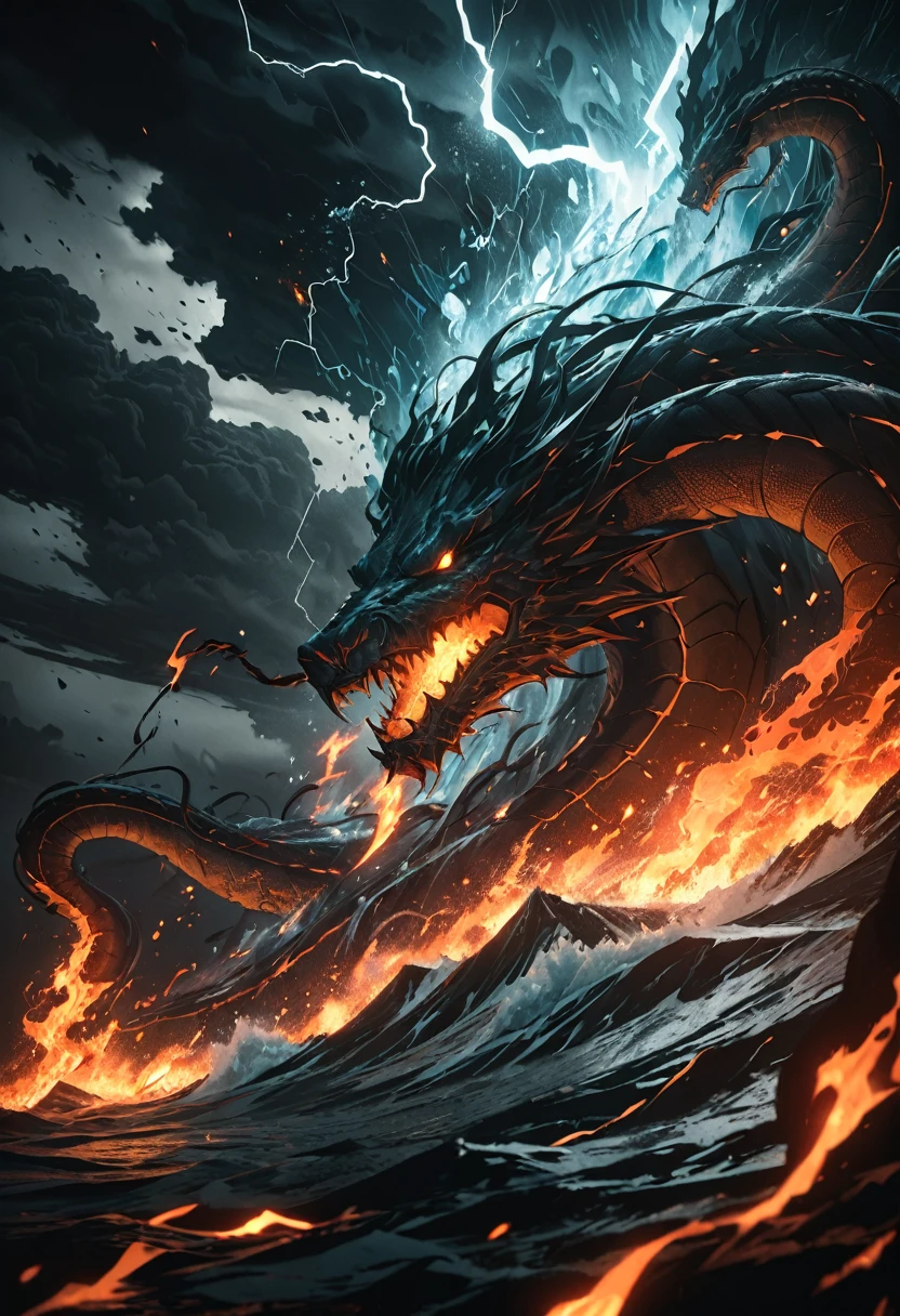 a giant eight-headed serpent, eight heads each breathing out elemental particles of fire, water, earth, wind, ice, lightning, poison, darkness, highly detailed, cinematic lighting, dramatic composition, muted color palette, dark moody atmosphere