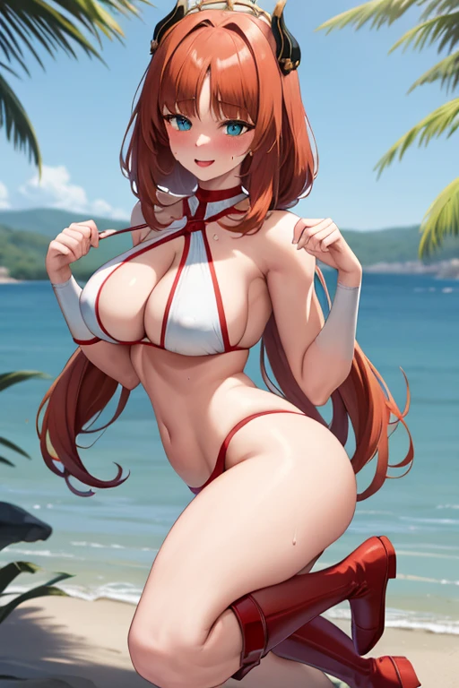 masterpiece, best quality, beautiful art, high resolution, well formed hands, body and fingers, 1 woman, solo, Nilou, full body picture, grown up, adult, large and rounded breasted, cleavage, hair ornament, wearing a Tyris Flare outfit , white_bikini, full body, sexy and skimpy bikini, gorgeous hips, legs and thighs bouncing breasts, red boots, doing exercise, warming up, working out, sexy and captivating training, smiling joyfully and happily , looking at the viewer, panties peek, sweating , bouncing breasts, t back thong, training montage session, beach environment