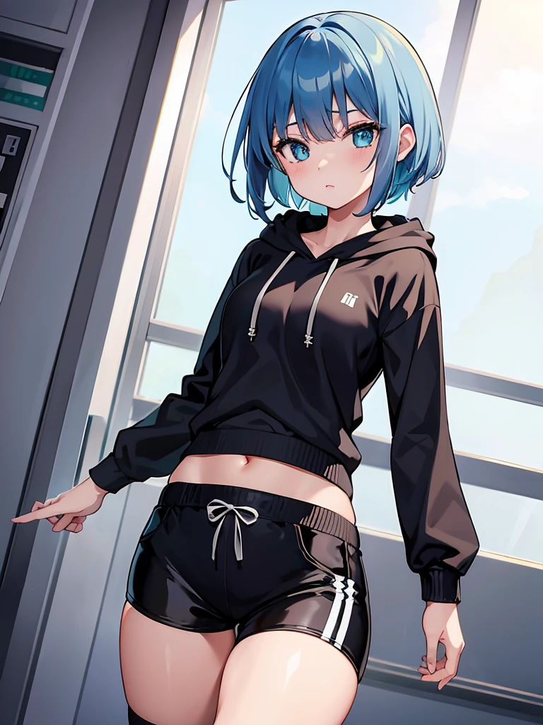 Masterpiece,High Quality,(Full Length 1.2),Animated Standing, Black Shorts,(Black and White Open Hoodie),Black Open Hoodie,(Green Hair 1.4),Animated Girl with short green hair and green eyes,(Detailed Eyes 1.6),(Clear Eyes 1.4),(Beautiful Eyes 1.4),(Shining Eyes 1 .4), White cyan, Green hair, Detailed key animated art, Animated portrait, Shining eyes, Blue haired girl, Blue light hair, Black shorts, White stockings, Thighs, 4K