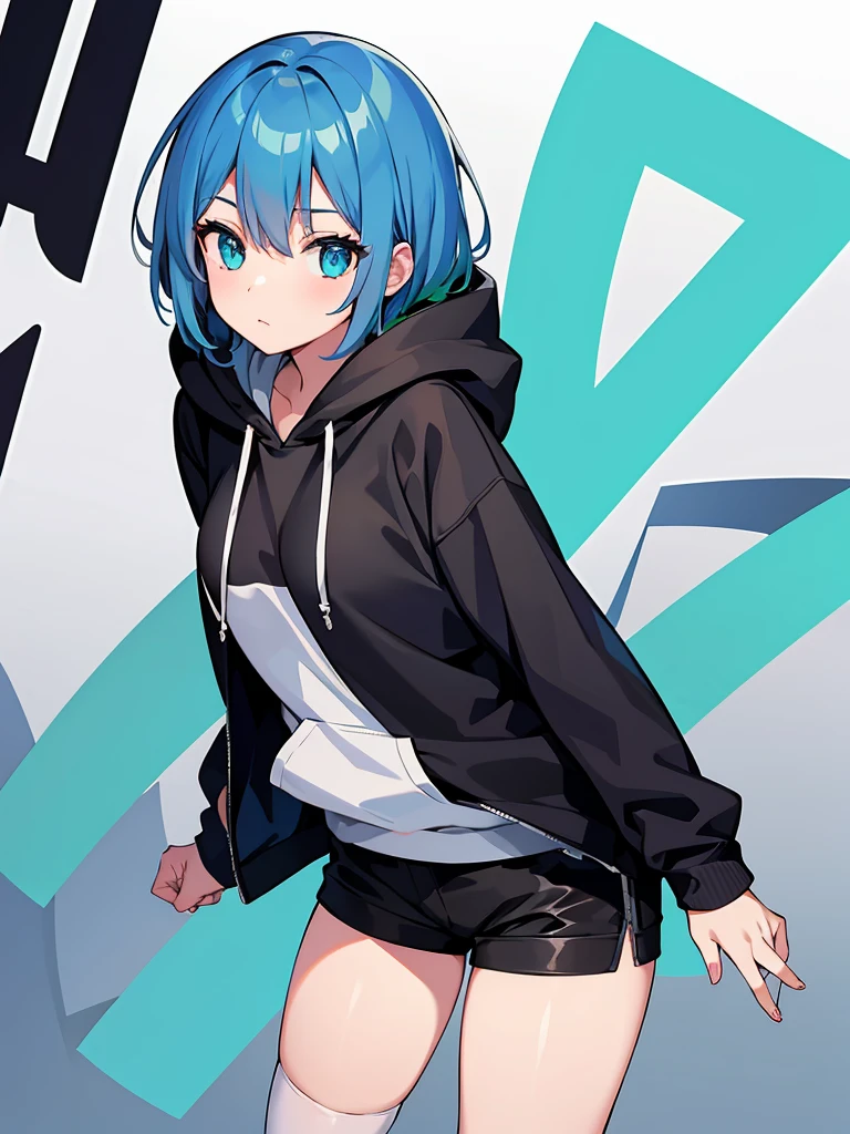 masterpiece, intricate details,highest quality, chromatic aberration, 1 girl, alone, skirt, short hair, Thighhighs, thigh boots, shirt, hoodie, boots, black skirt, jump, hoodie, headset, aqua eye, skirt, Upper body, aqua hair, whole body, かわいい hoodie, simple background,  very long hair, white background, tattoo, black shoes, black Thighhighs,blue hair, Embarrassed face