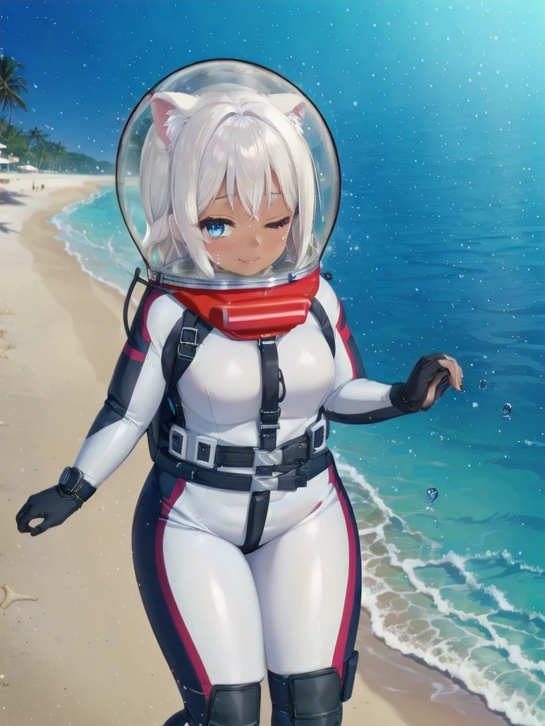 Highly detailed CG, 8k wallpaper, best quality, masterpiece, higher eyes and nose, very delicate and beautiful, beautiful, detailed,, (blue eyes: 1), (beautiful hands), (beautiful fingers) , , necklace (water:1.6), (beach:1.5), (messy hair:1.5), (leaning forward:1), looking at the viewer, (smile:1.3), (one eye closed:1.2) , (sweating), (beautiful toes), (:1.5), (1girl), (ash white hair:1.5),(middle hair:1 ), (dark skin: 1.4), (thigh circumference: 1.3) , beautiful, narrow waist, white thigh highs, narrow waist, thighs, wide hips, eyeliner, eyelashes, perfect face, detailed eyes, (dark skin : 1.5),,,(spacesuit: 1.15) , white cargo pants, astronaut )bubble helmet, space helmet, space helmet, CAT EARS, bubble helmet, eva helmet,