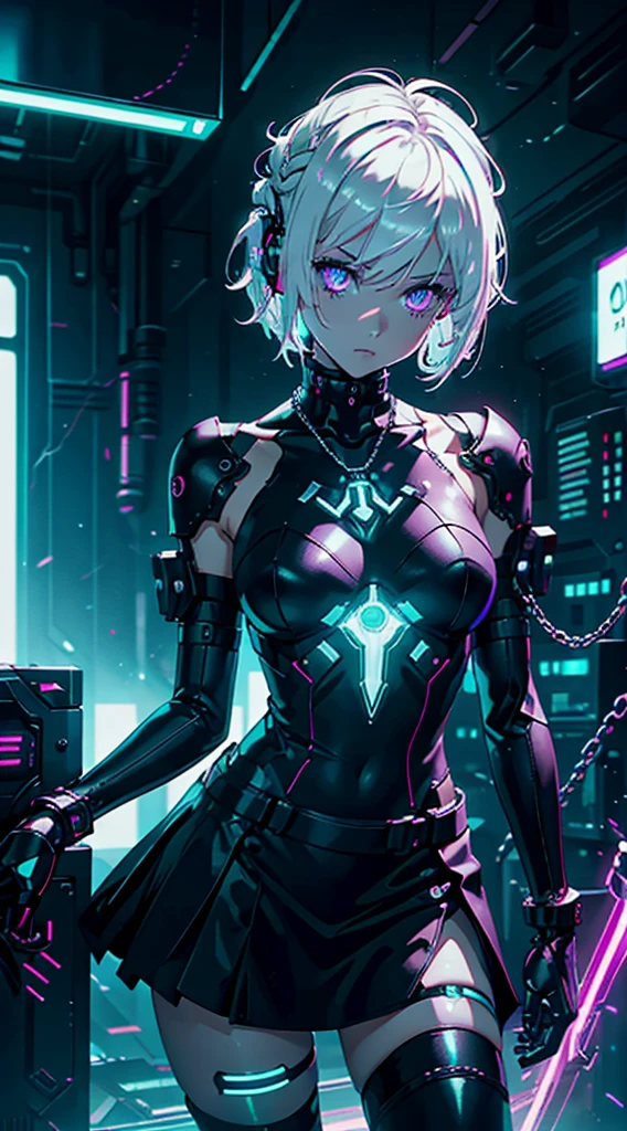 Android Girl,white hair,short and messy hair, purple neon eyes, Holding a chain whip,chains on the hands, cute, skirt, white blouse, cyberpunk style, eletronic gloves, mecanic parts, eletronic details,living room background.HD lighting and dark )(epic image quality) dark atmosphere with bright particle light(many effects in background), fullbody shot, robot, neon tweaks, cyberpunk theme