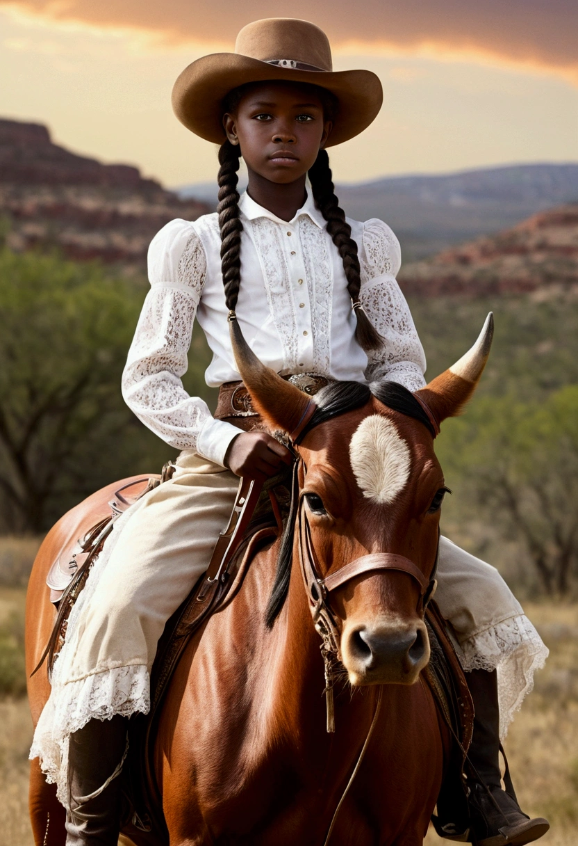 creative western film cover style old photograph with a young African girl aged 9, long braided hair, darkskin, western film character, she is riding a limousin bull, she has a bow, com olhos castanhos, 精致的面容, she is wearing a hat and is in a saloom, she's holding a winchester rifle, ultra realist, meticulously detailed, wearing period clothes with white lace. she is holding a winchester. The image is an old western film cover. insert a limousin cattle into the scene, and a horse