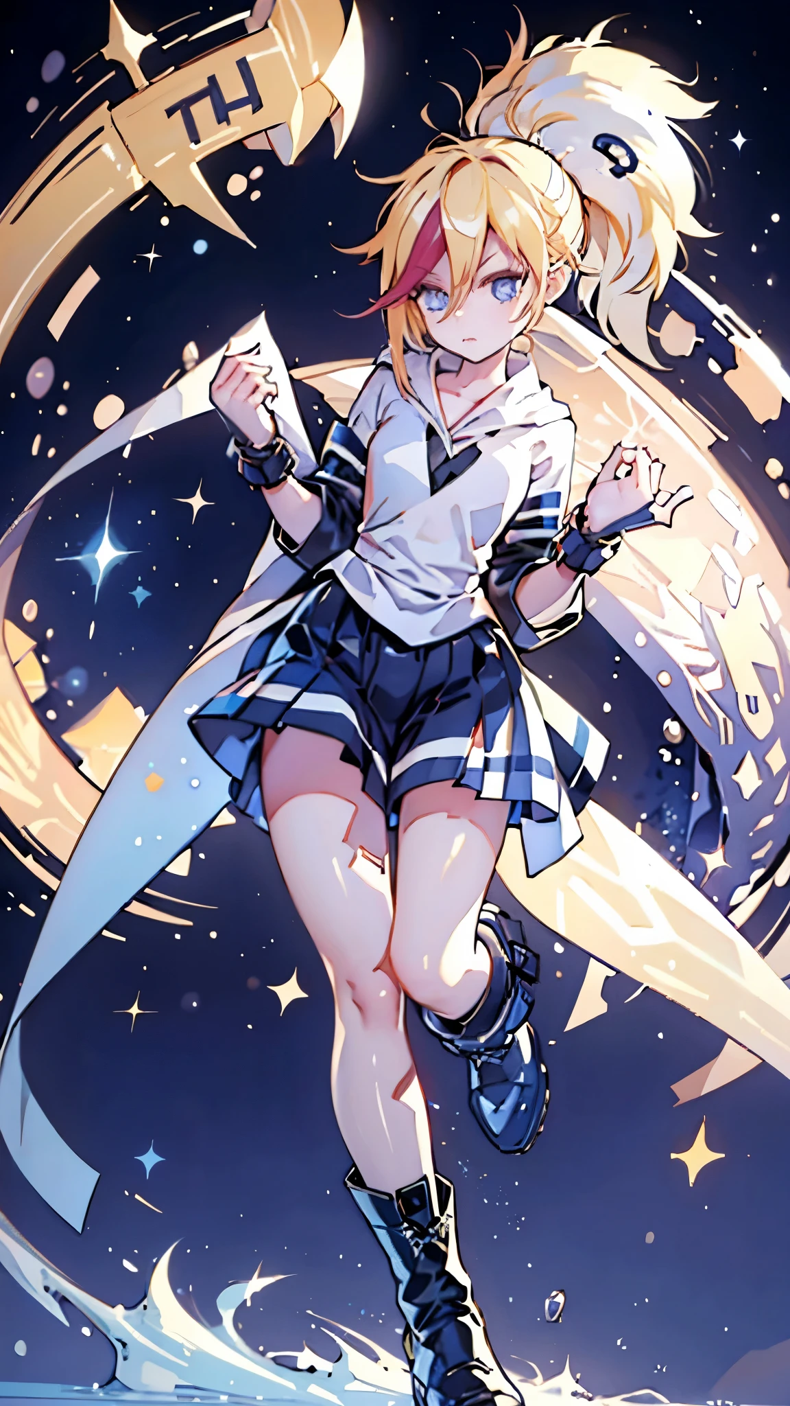 1 girl, ultra long hair, ultra detailed face, glowing lips, glowing blue eyes, very long ponytail, elegant walk, catwalk, holding down a  giant katana, blonde, long eyelashes, long boots , looking to the sky, starry sky, a ultra giant katana 