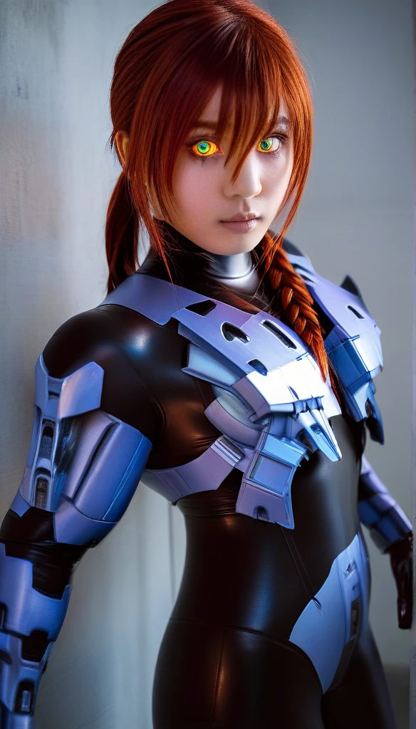 1 Girl、((glowing eyes, red eyes)), Medium Bust、solo、red Hair、Braid、Mobile Race Suit、Shoulder Armor、ceiling、Wide Shot、Looking Ahead、zipup suit 、Closed Mouth、Highest quality、medium quality、22 years old、Mobile Trace System、cockpit、Asian、CyborgCosplay
