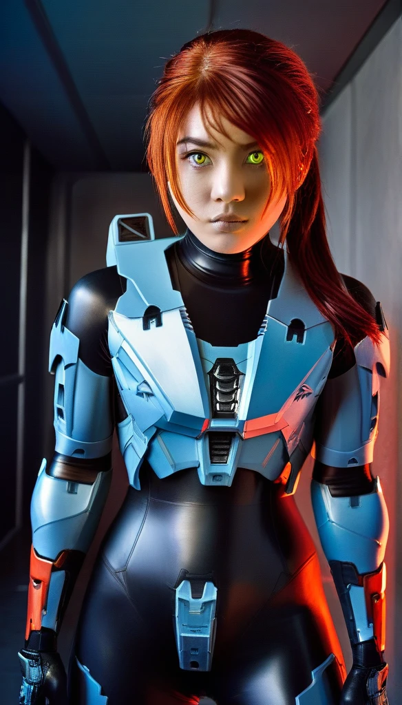 1 Girl、((glowing eyes, red eyes)), Medium Bust、solo、red Hair、Braid、Mobile Race Suit、Shoulder Armor、ceiling、Wide Shot、Looking Ahead、zipup suit 、Closed Mouth、Highest quality、medium quality、22 years old、Mobile Trace System、cockpit、Asian、CyborgCosplay
