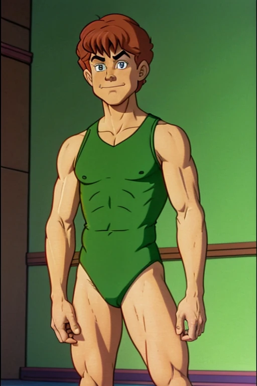 a redhead cartoon character dressed in a green leotard, very muscular, a young male wizard, 1980s cartoon, animated episode still, Presto (((mad)))