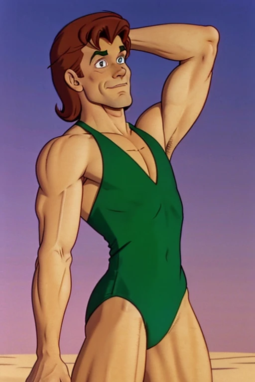 a redhead cartoon character dressed in a green leotard, very muscular, a young male wizard, 1980s cartoon, animated episode still, Presto (((mad)))