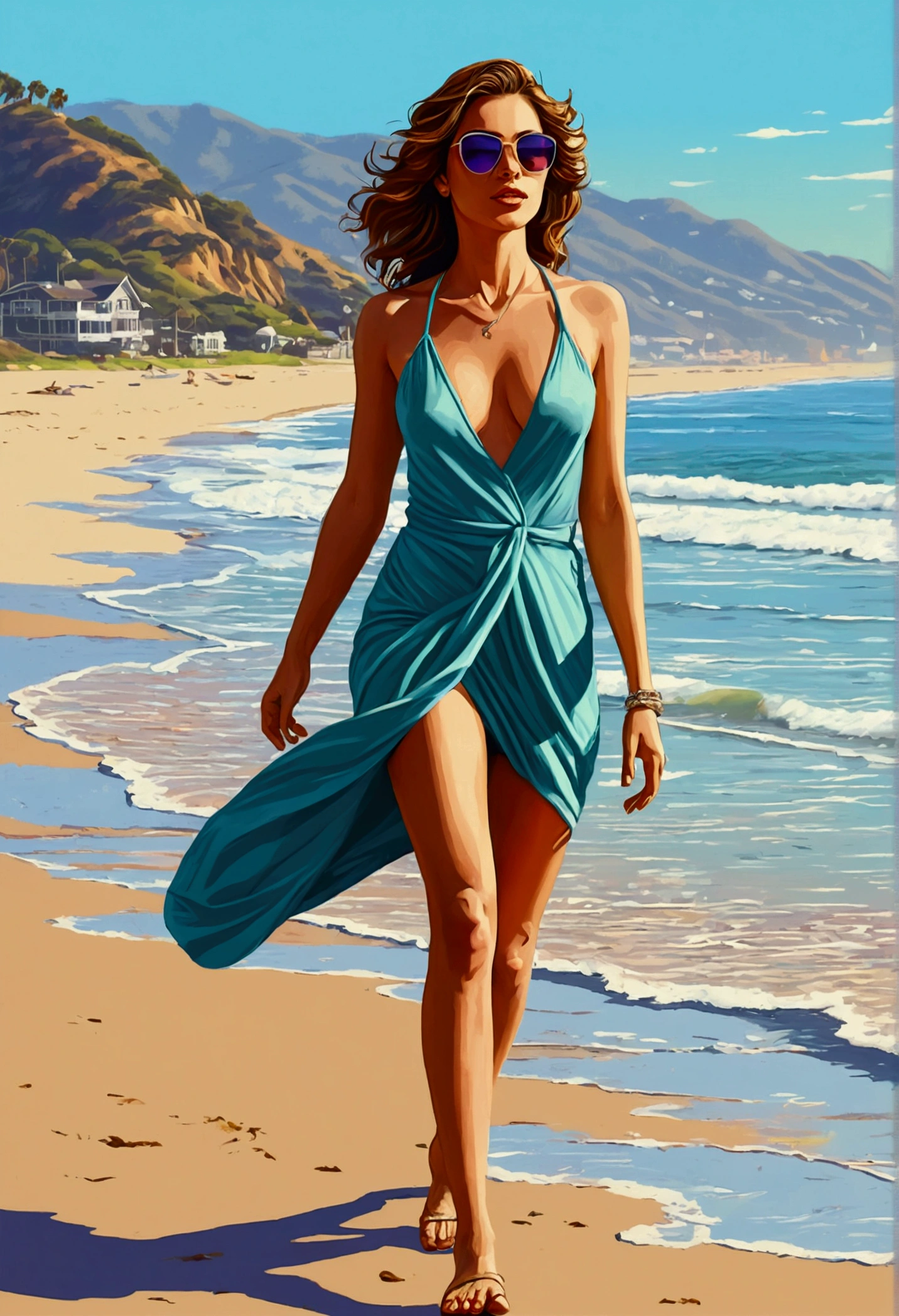  image of a beautiful woman walking on the beach in malibu, multicolored image style illustration from coreldraw with GTA game theme.