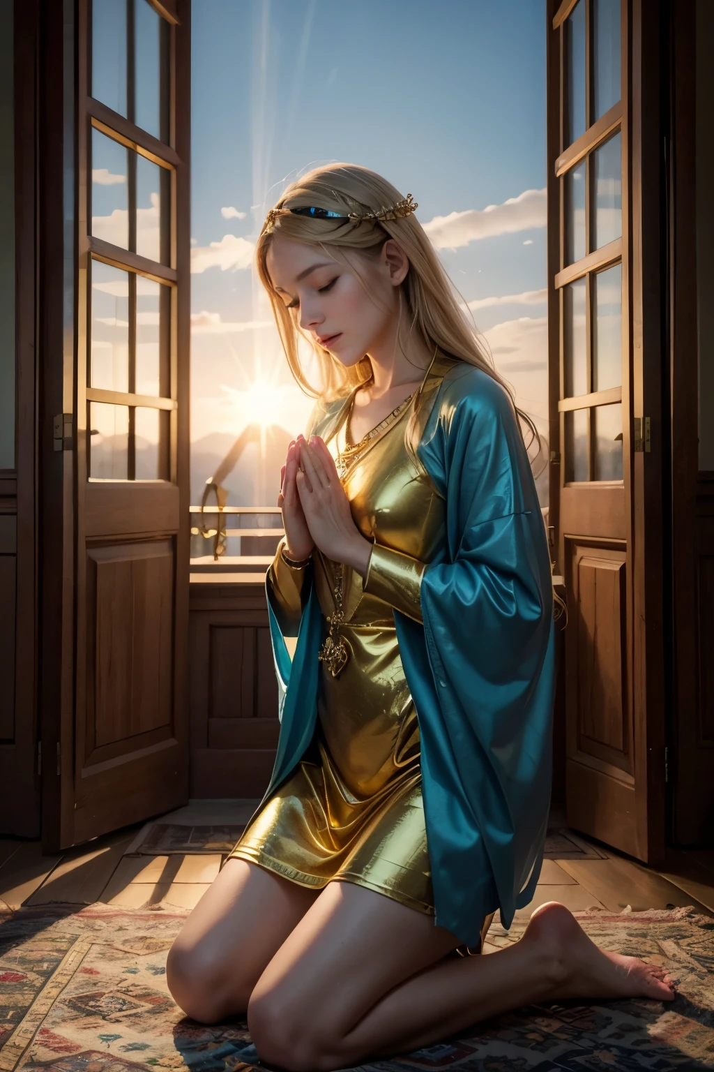 Create a realistic square image of Saint Solomon in an elevated position, radiating a celestial light. Below him, a woman is kneeling and praying fervently, with an expression of hope and serenity. She is asking for prosperity and love. The light from Saint Solomon should envelop the woman, symbolizing his blessing and protection. The setting should be soft and welcoming, with golden and blue tones that emphasize the divine and inspiring atmosphere of the scene.
