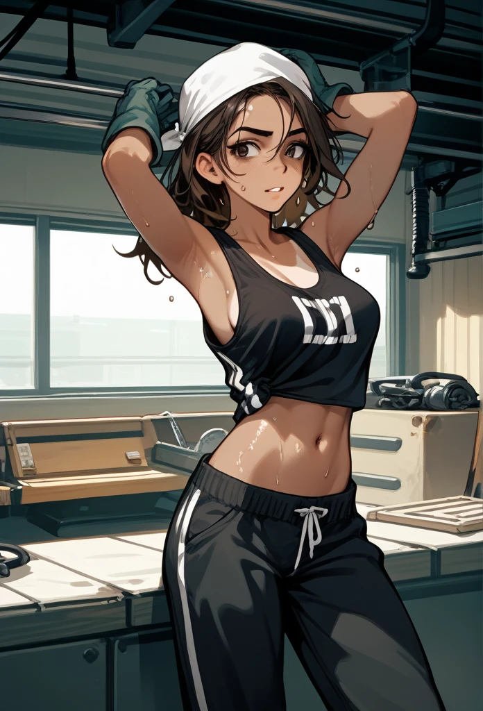 masterpiece, best quality, mature woman, messy hair, black hair, brunette gradient hair color, hot face, (tomboy face), tan skin, mature body, fit body, medium breasts, mechanic gloves, (dirty tank top), stained tank top, midriff, white bandana, mechanic pants, loose pants, workshop, (hand wiping sweat, sweaty) 