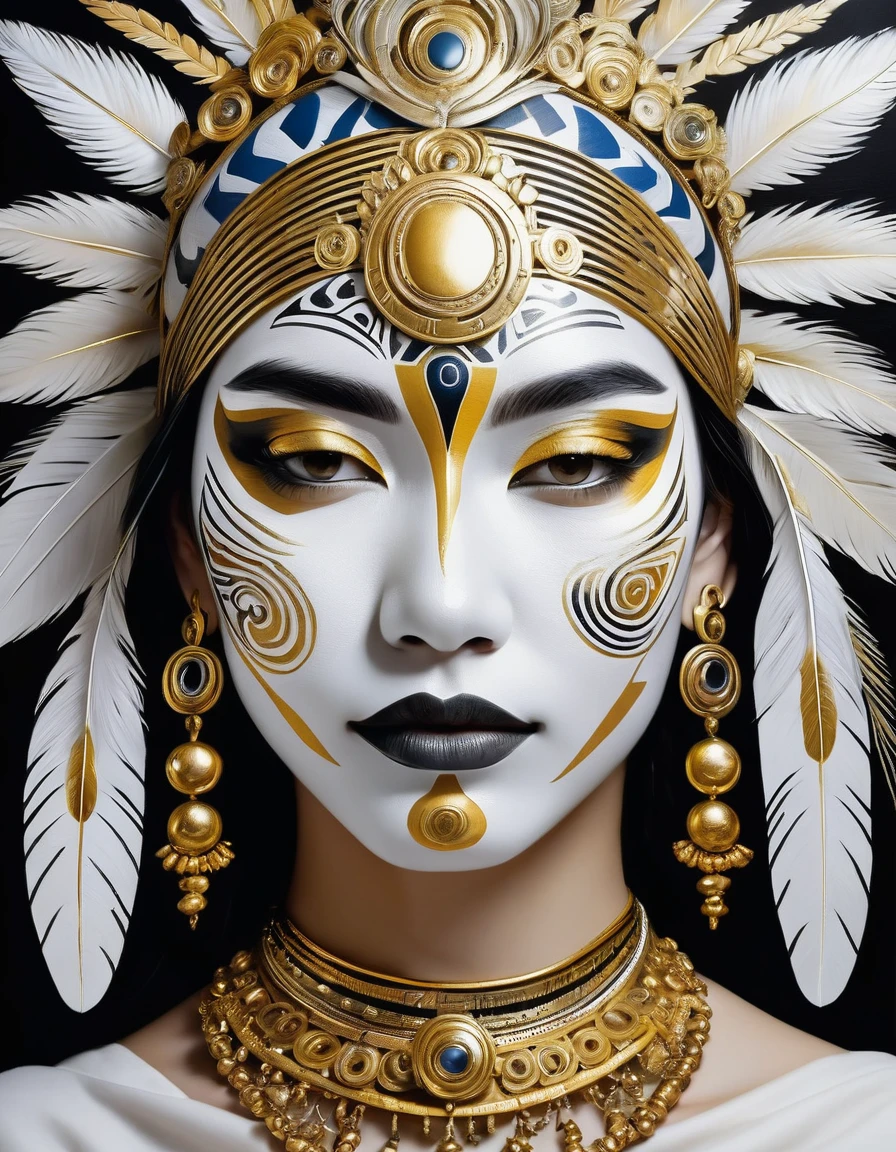 Face with indigenous paintings in white colors, flourishing, gold and silver