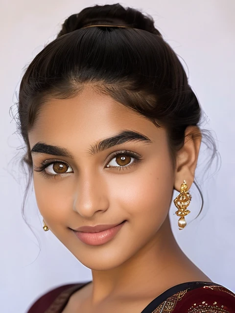 Maya is 18 year old indian girl. Maya stands tall at 70 inches (178 cm) and weighs 180 pounds (82 kg). Her chest measures 44 inches (112 cm), waist 38 inches (97 cm), and hips 46 inches (117 cm). She has intense hazel eyes that reflect her strong spirit, framed by thick, naturally arched eyebrows. Her broad and prominent nose adds to her distinctive look. Maya's full, expressive lips often wear a confident smile. Her medium-sized ears are adorned with simple earrings. Her thick, wavy, dark brown hair is often styled in a loose bun. Her deep tan skin tone gives her a powerful presence. Maya's tall and robust build commands attention, and her warm smile makes her approachable and friendly , wearing black top 