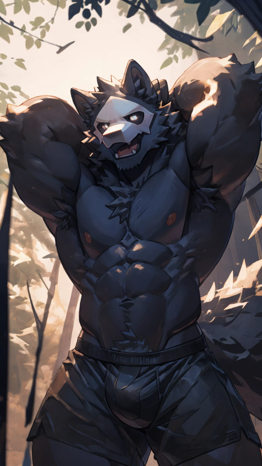 (furry_art), adult content, low-key light, by littleblackalas, NSFW, extremely_detailed, close up, drawing of puro (changed), (extremely detailed:1puro, mask, puro_(changed), fully_naked, adult), (dynamic posture: 1.5) anthro_wolf, boxer briefs, giant bulge, (HardVPL), naked, no_clothes, open_mouth, black_chest hair, black_colored_full_body, tiny_head, bara, broad_shoulders, bare shoulders, large_body, tail, very long legs, long arms, very tall, black_musculine_body, black_male_nipples, large_black_chest, black_abs, exposed_upper_body, exposed_lower_body, shirtless, (hands behind head: 1.3), low camera angle, front_view_pov, open_legs, close_up_shot, warm_lighting, light_flare, volumetric_light, forest, trees, Male focus, Best quality, midsummer, depth of field, (by null-ghost,by raccoon21)
