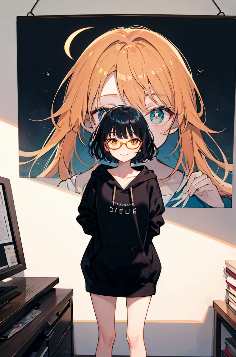 A masterpiece,Black hair,Ball head,Side face,Messy hair,Smile slyly,Orange pupils,Font,poster,jump,,Hair Bunch,Black shallow frame glasses,Black Hoodie,Dress fashionably,Standing picture,laid back,best quality, Illustration style,Large aperture portrait, Anime Girl, beautiful eyes, summer,, small, Heartwarming, Youthful and beautiful,,Regular Clothes,Black and white,, showing a natural casual style. Dynamic posture contains the golden ratio, China, White space, Strong contrast between light and shadow, Super texture, Super clear and concise pictures, presenting extremely beautiful,subtle facial expressions
