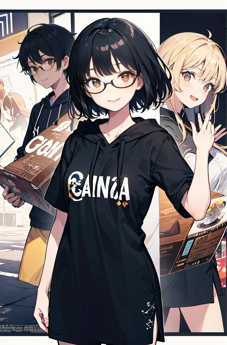 A masterpiece，Black hair，Ball head，Side face，Messy hair，Smile slyly，Orange pupils，Font，poster，jump，，Hair Bunch，Black shallow frame glasses，Black Hoodie，Dress fashionably，Standing picture，laid back，best quality, Illustration style，Large aperture portrait， Anime Girl, beautiful eyes, summer,, small, Heartwarming, Youthful and beautiful,,Regular Clothes，Black and white,, showing a natural casual style. Dynamic posture contains the golden ratio, China, White space, Strong contrast between light and shadow, Super texture, Super clear and concise pictures, presenting extremely beautiful,subtle facial expressions