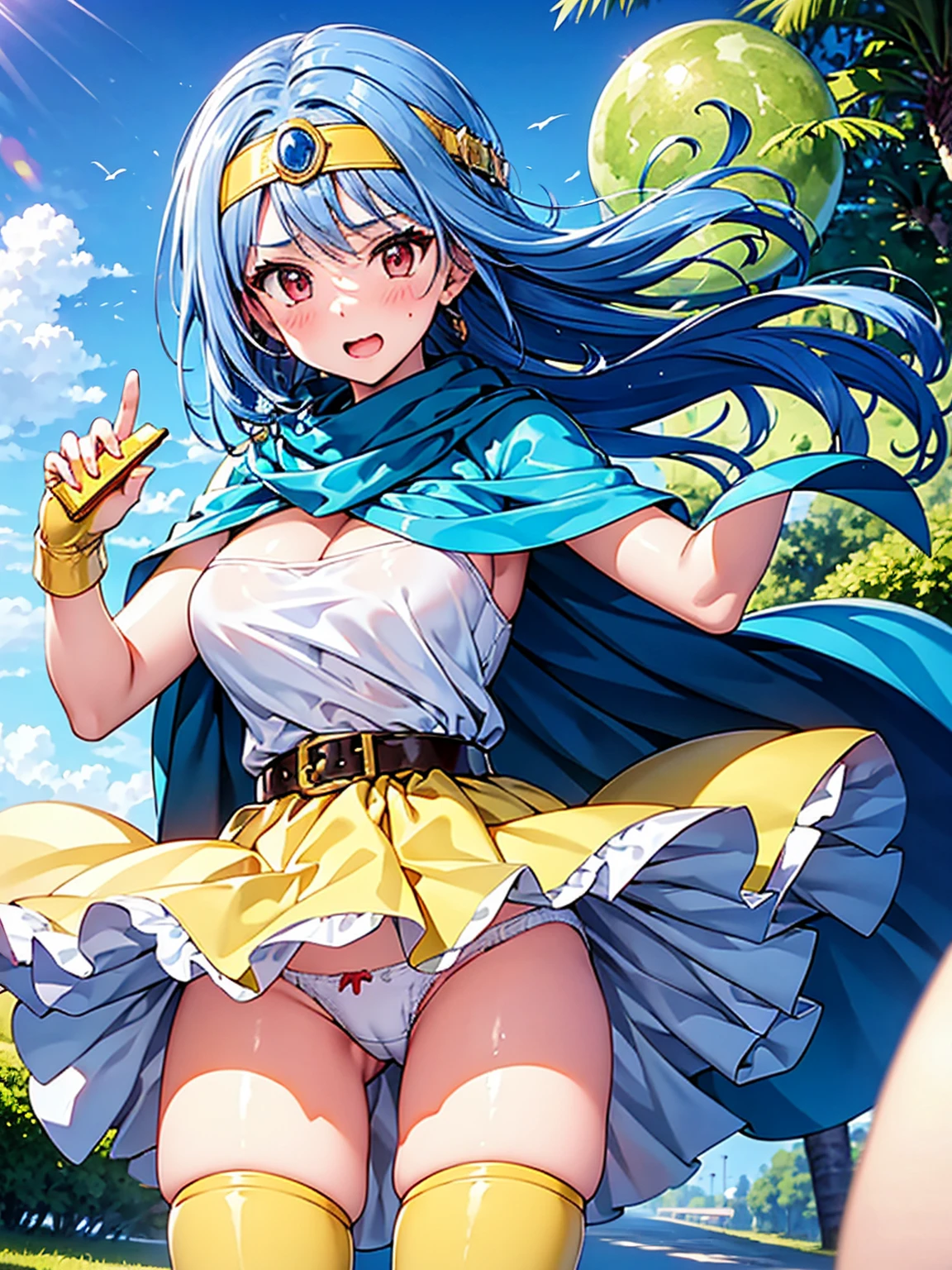 (A woman is shooting fireballs from the palm of her hand, Cast a spell, Windでスカートがめくれてパンティが見えている, White panties:1:3), Beautiful Anime Woman, Beautiful art style, Anime characters, ((Smooth texture, Realistic texture, アニメCGWind)), ((Highest quality)), (Very detailed), (Very detailed CG 統合 8k 壁紙), Very detailed, High-resolution RAW color photos, Professional photography, masterpiece, Highest quality, beautiful and big breasts, Slender body, (Stunningly beautiful woman), (Detailed face:1.2), (Blue Hair, White Dress, White mini skirt, belt, Red eyes, Yellow Circlet, Yellow Globe, Yellow Boots, Blue Cape), Outdoor, nature, Wind, Perfect lighting, Perfect Shadow, Exact number of arms, Exact number of legs, Perfect Anatomy, Exact finger count、Exact number of legs、(Exact number of arms:1.0, Exact number of hands:1.0), (Perfect hands, Perfect Anatomy), (Embarrassed expression), Angle from the front, Dragon Quest, wise