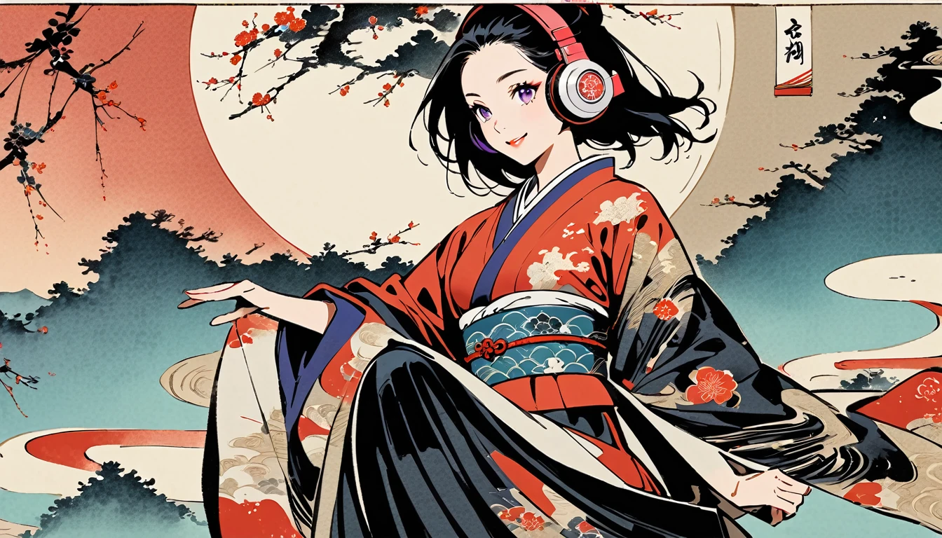 whole body, dance, Purple Eyes, Ink Painting, 1 girl, tattoo, Japanese style headphones, beautiful girl, Black Hair, smile, Delicate and precise, Modern ukiyo-e style, Multicolored background