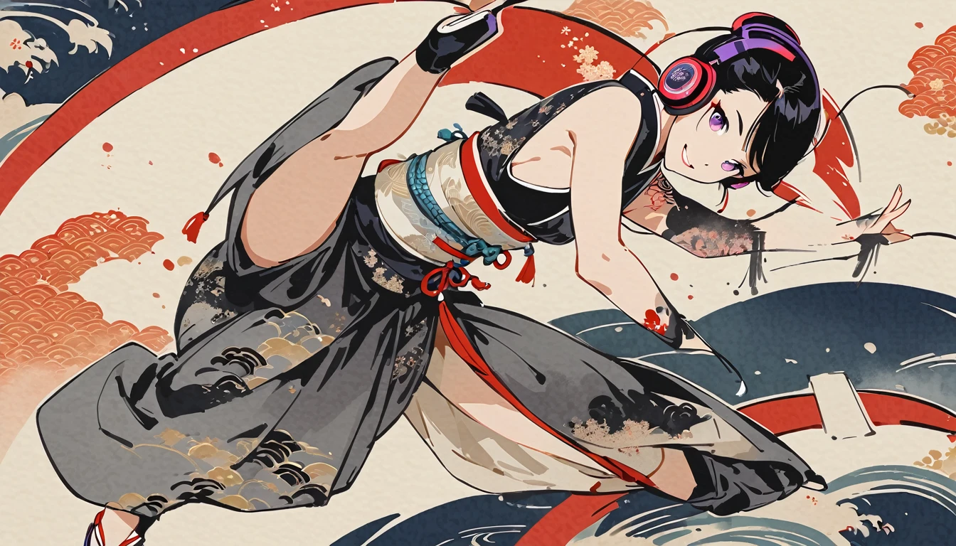 whole body, dance, Purple Eyes, Ink Painting, 1 girl, tattoo, Japanese style headphones, beautiful girl, Black Hair, smile, Delicate and precise, Modern ukiyo-e style, Multicolored background