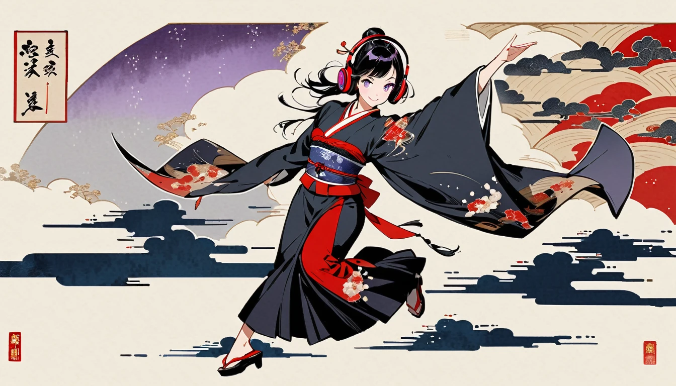 whole body, dance, Purple Eyes, Ink Painting, 1 girl, tattoo, Japanese style headphones, beautiful girl, Black Hair, smile, Delicate and precise, Modern ukiyo-e style, Multicolored background