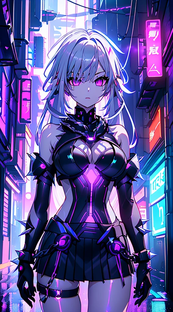 top-quality、Top image quality、​masterpiece、Android Girl((sixteen years old 、Broken, skinny , cybersuit glowing black, red and white、neon  energy source for the chest 、Light blue shiny hair、Long hair , spiky hair, messy hair, long fringe on hair, holding a chain whip, chains around her body, giant chains, Cyber Skirt、purple neon eyes 、Valley、Happiness、A slender)）hiquality、Beautiful Art、Background streets (cyberpunk city、masutepiece、Elaborate design、visualart、Theatrical films, glowing neon eyes, cyberpunk, futuristic, white silver hair, no pupils on eyes