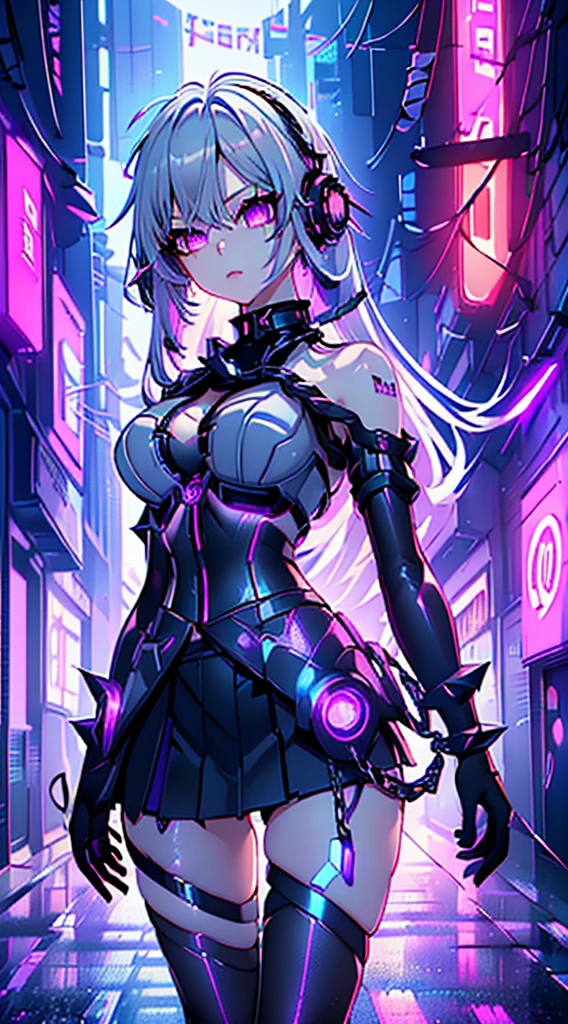 top-quality、Top image quality、​masterpiece、Android Girl((sixteen years old 、Broken, skinny , cybersuit glowing black, red and white、neon  energy source for the chest 、Light blue shiny hair、Long hair , spiky hair, messy hair, long fringe on hair, holding a chain whip, chains around her body, giant chains, Cyber Skirt、purple neon eyes 、Valley、Happiness、A slender)）hiquality、Beautiful Art、Background streets (cyberpunk city、masutepiece、Elaborate design、visualart、Theatrical films, glowing neon eyes, cyberpunk, futuristic, white silver hair, no pupils on eyes