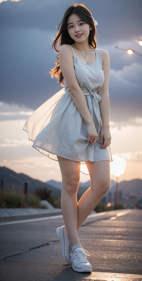 masterpiece, top quality, best quality,1girls,Korean, beautiful face, smile, long hair, 19 years old, tank top, Shift Dress, hills, ((Light grey straight dress:1.1)), full body view, sunset,White shoes (huge, saggy breast),(sexy pose),