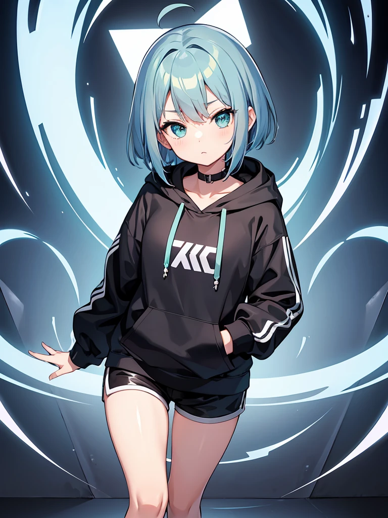 Masterpiece,High Quality,(Full Length 1.2),Animated Standing, Black Shorts,(Black and White Open Hoodie),Black Open Hoodie,(Green Hair 1.4),Animated Girl with short green hair and green eyes,(Detailed Eyes 1.6),(Clear Eyes 1.4),(Beautiful Eyes 1.4),(Shining Eyes 1 .4), White cyan, Green hair, Detailed key animated art, Animated portrait, Shining eyes, Blue haired girl, Blue light hair, Black shorts, Gray shoes, White socks, Thighs, 4K