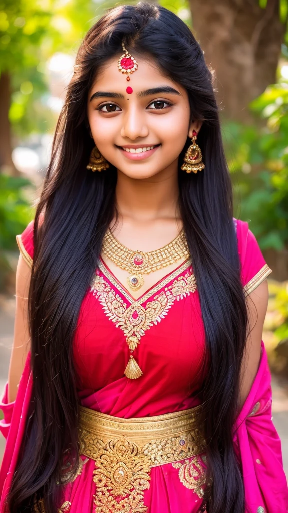 beautiful cute young attractive indian teenage girl, village girl, 18 years old, cute, Instagram model, long black_hair, colorful hair, indian, big breasts, little smiling, smooth face very realistic