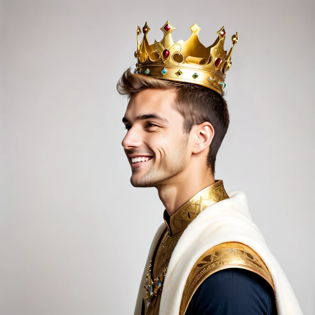 Side view portrait of assertive handsome young men wearing a golden crown, profile face, being self-confident, smile on her face. Indoor studio shot isolated on white background.