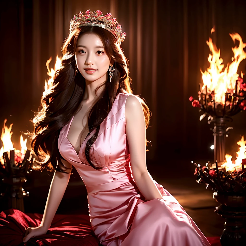 The beautiful Chinese 22 old lady with stunning longest hair crown windblown. Dressed in pink-white-red luxury queen Dress, long legs holding a magical fire element while sit on the throne in the flame castle with blizzard firestorm view, Surrounded by kings dragon. Wide full view realistic.