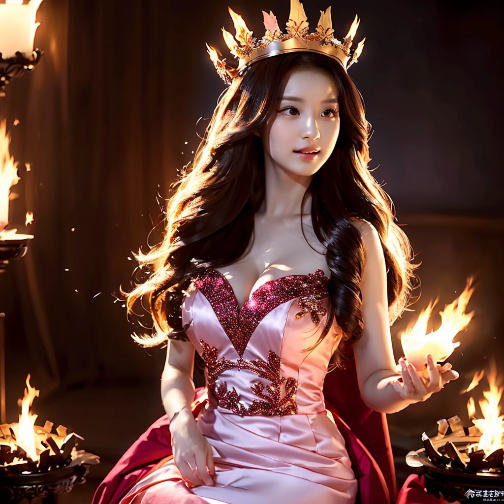 The beautiful Chinese 22 old lady with stunning longest hair crown windblown. Dressed in pink-white-red luxury queen Dress, long legs holding a magical fire element while sit on the throne in the flame castle with blizzard firestorm view, Surrounded by kings dragon. Wide full view realistic.